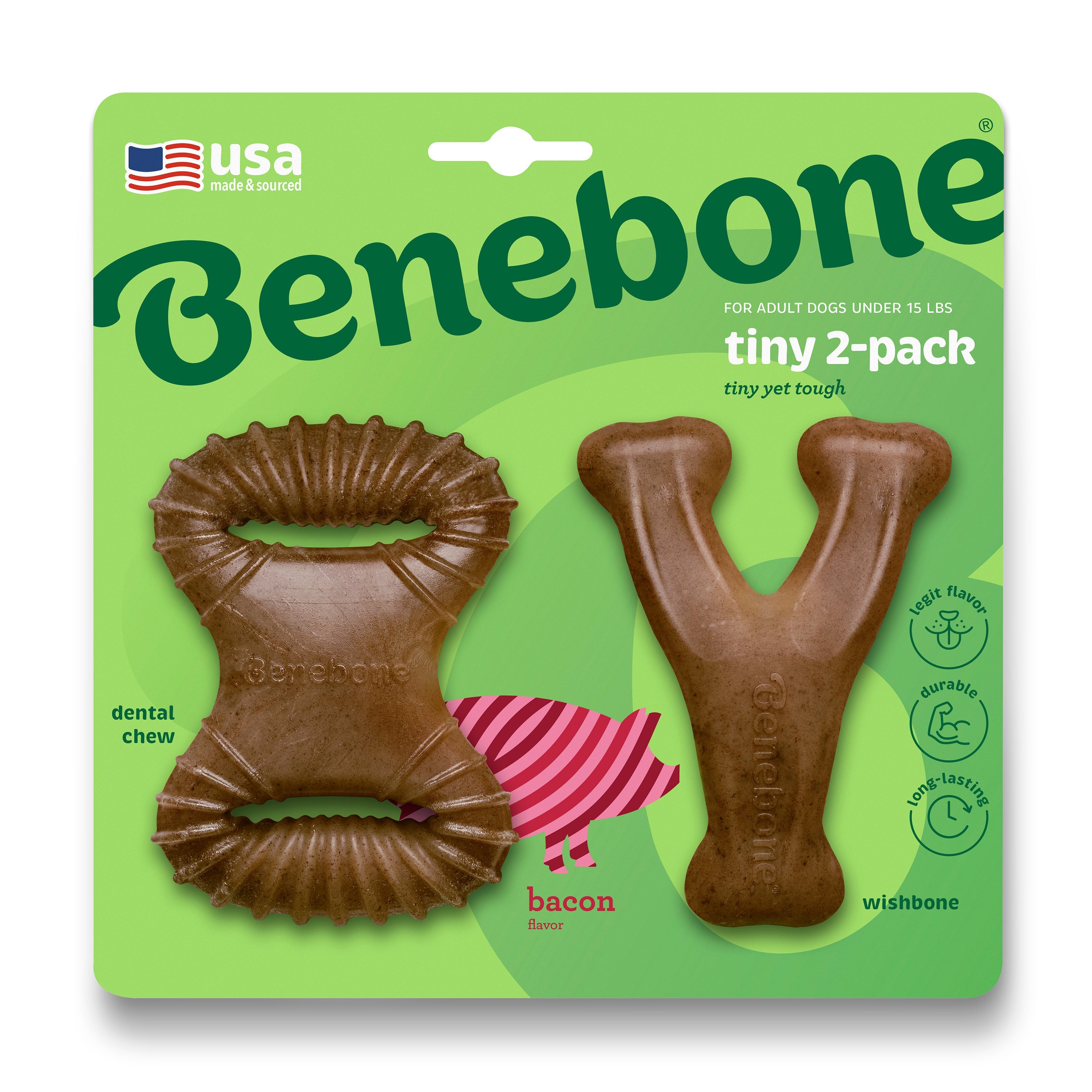 Benebone Tiny 2-Pack набір з 2 міцних іграшок  для гризіння (Дентал кістка + Wishbone), зі смаком  бекону, для собак вагою до 7 кг.