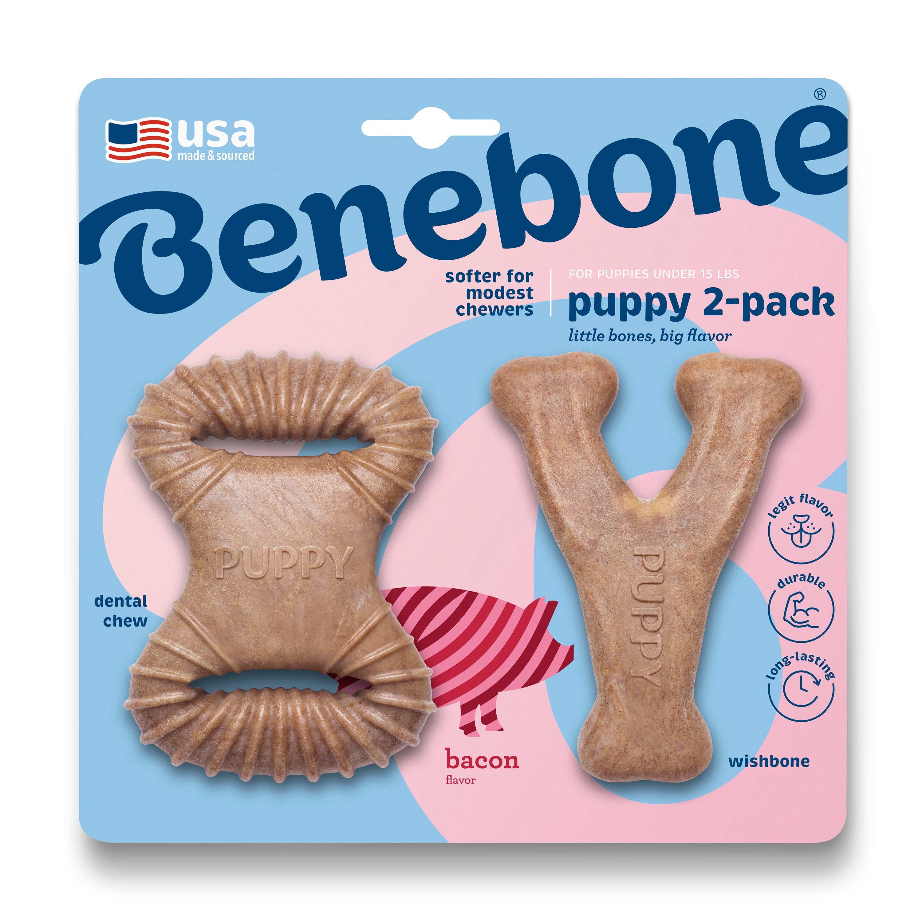 Benebone Puppy Pack набір з 2 іграшок для  гризіння (Дентал кістка+Wishbone), зі смаком бекону,  для цуценят вагою до 7 кг.